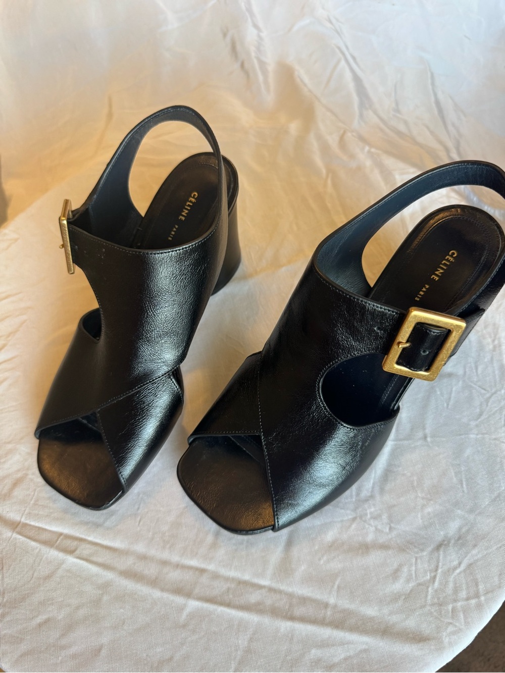 Celine Paris Black Leather Peep-Toe Slingback Heels with Gold Buckle